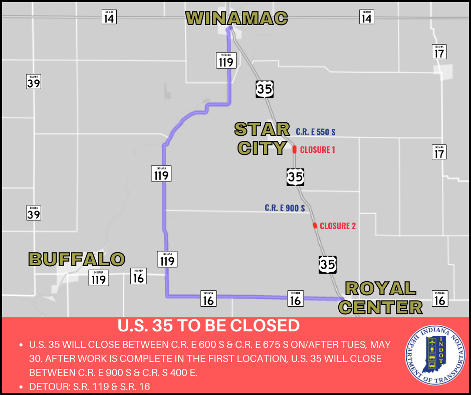 Thumbnail for the post titled: U.S. 35 to close for two culvert replacements beginning on or after Tuesday, May 30, 2023