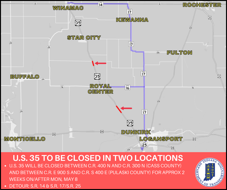 Thumbnail for the post titled: U.S. 35 to have two closures between Winamac and Dunkirk beginning on or after May 8, 2023